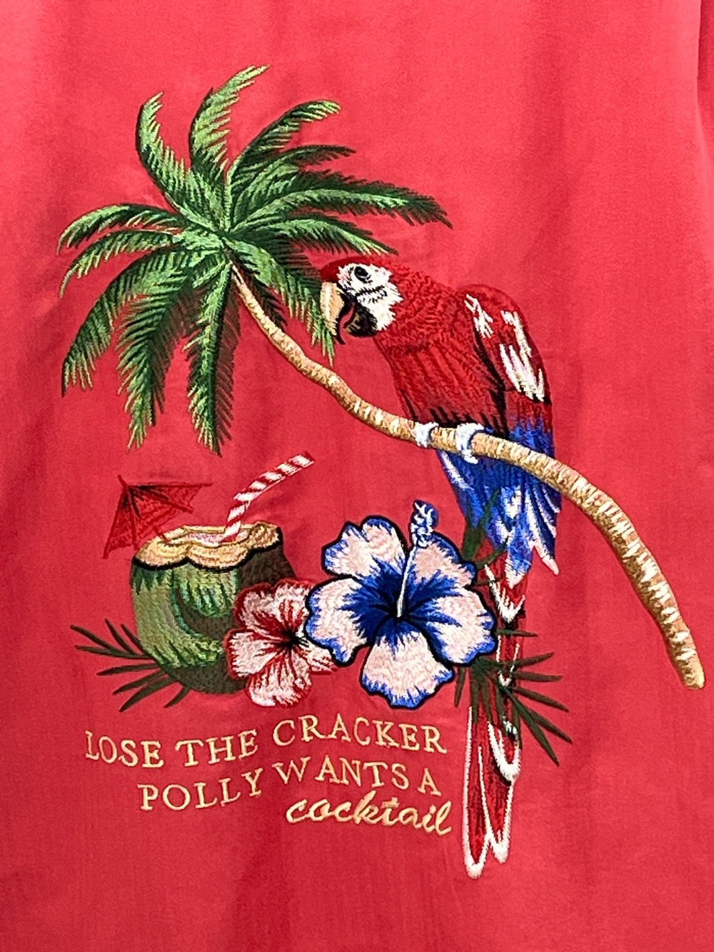 Caribbean Men's Red Parrot Tropical Embroidered Short Sleeve Shirt Size Small